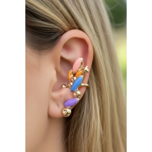 Altın Renk Renkli Taş Detaylı 14K Altın Kaplama TX Ear Cuff (Tek)