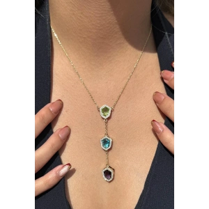 Altın Renk Renkli Taş Detaylı 14k Altın Kaplama TX Kolye