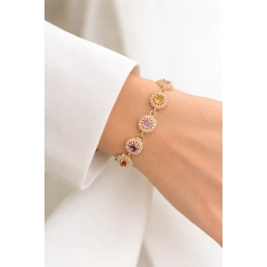 Altın Renk Renkli Taş Detaylı 14K Altın Kaplama VİP Bileklik