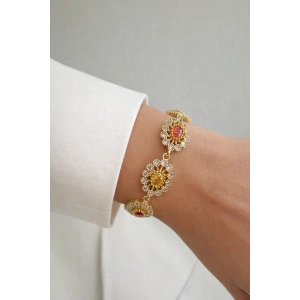 Altın Renk Renkli Taş Detaylı 14K Altın Kaplama VİP Bileklik