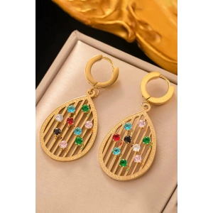 Altın Renk Renkli Taş Detaylı Çelik Küpe (Çift)