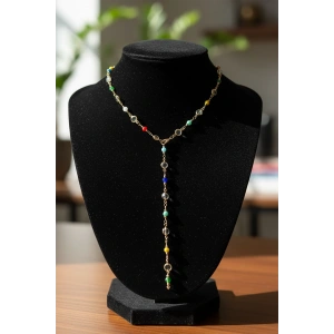 Altın Renk Renkli Taş Detaylı Çelik Y Kolye