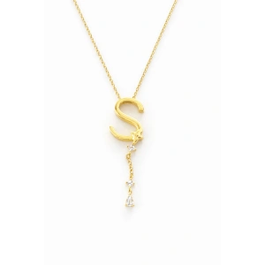 Altın Renk S Harfli Taş Detaylı Çelik Kolye