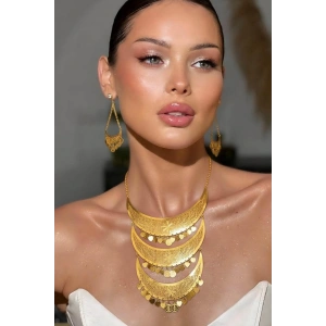 Altın Renk Sallantılı Çelik Kolye Ve Küpe Düğün Kına Nişan Gelin Seti