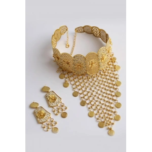 Altın Renk Sallantılı Kolye Ve Küpe Düğün Kına Nişan Gelin Seti