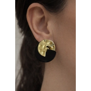 Altın Renk Siyah Detaylı Yuvarlak Küpe (Çift)