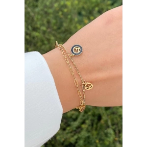 Altın Renk Siyah Taş Detaylı Çelik Bileklik