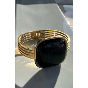 Altın Renk Siyah Taş Detaylı Çelik Kelepçe Bileklik