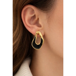 Altın Renk Siyah Taş Detaylı Küpe (Çift)