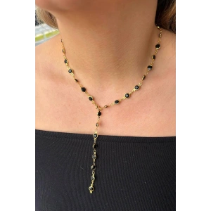 Altın Renk Siyah Taşlı Çelik Y Kolye