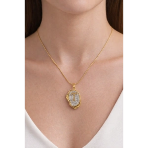 Altın Renk T Harf Taş Detaylı Çelik Kolye