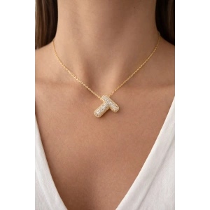 Altın Renk T Harf Taş Detaylı Çelik Kolye