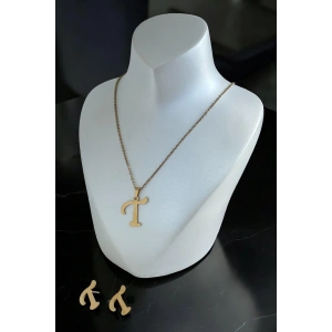 Altın Renk T Harfli Çelik Kolye Ve Küpe Set