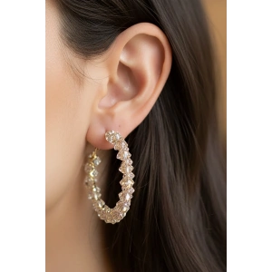 Altın Renk Taş Detaylı 14k Altın Kaplama Halka Küpe (Çift)