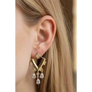 Altın Renk Taş Detaylı 14K Altın Kaplama Küpe (Çift)