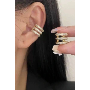 Altın Renk Taş Detaylı 14K Altın Kaplama TX Ear Cuff (Tek)