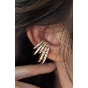 Altın Renk Taş Detaylı 14K Altın Kaplama TX Ear Cuff (Tek)