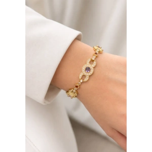 Altın Renk Taş Detaylı 14K Altın Kaplama VİP Bileklik