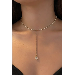 Altın Renk Taş Detaylı 14K Altın Kaplama Vip Choker Kolye