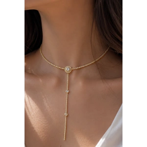 Altın Renk Taş Detaylı 14K Altın Kaplama Vip Choker Kolye