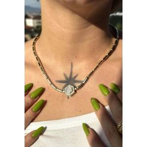 Altın Renk Taş Detaylı 14K Altın Kaplama VİP Kolye