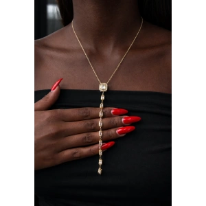 Altın Renk Taş Detaylı 14K Altın Kaplama VİP Y Kolye