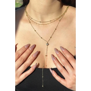 Altın Renk Taş Detaylı 14K Altın Kaplama VİP Y Kolye