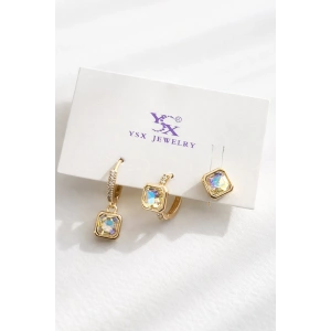 Altın Renk Taş Detaylı 3lü Küpe Set