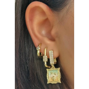 Altın Renk Taş Detaylı 3lü YSX Küpe Set