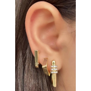 Altın Renk Taş Detaylı 3lü YSX Küpe Set