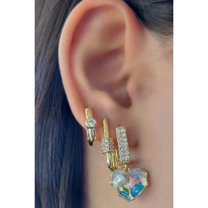 Altın Renk Taş Detaylı 3lü YSX Küpe Set