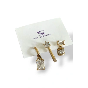 Altın Renk Taş Detaylı 3lü YSX Küpe Set