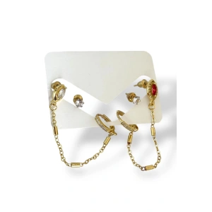 Altın Renk Taş Detaylı 6lı Küpe Set