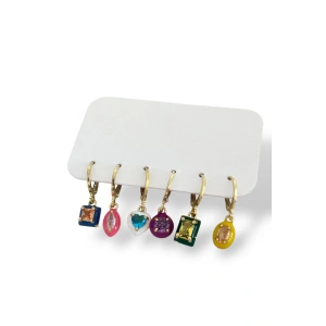 Altın Renk Taş Detaylı 6lı Küpe Set