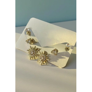 Altın Renk Taş Detaylı 6lı Küpe Set