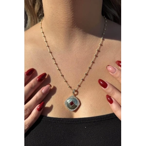 Altın Renk Taş Detaylı Altın Kaplama VİP Kolye