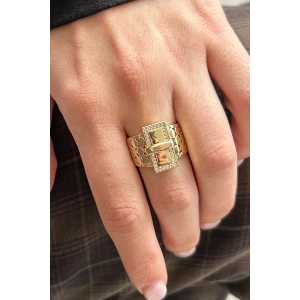 Altın Renk Taş Detaylı Ayarlanabilir Çelik Yüzük