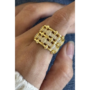 Altın Renk Taş Detaylı Ayarlanabilir Çelik Yüzük