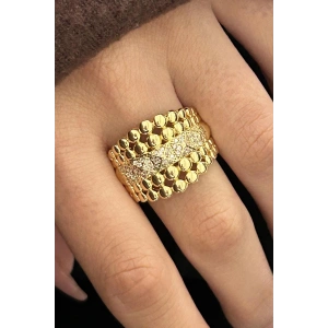 Altın Renk Taş Detaylı Ayarlanabilir Çelik Yüzük