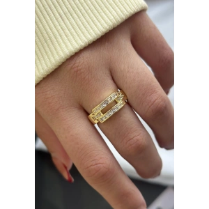 Altın Renk Taş Detaylı Ayarlanabilir Çelik Yüzük