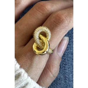 Altın Renk Taş Detaylı Ayarlanabilir Çelik Yüzük