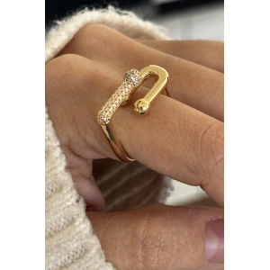 Altın Renk Taş Detaylı Ayarlanabilir Çelik Yüzük