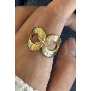 Altın Renk Taş Detaylı Ayarlanabilir Çelik Yüzük