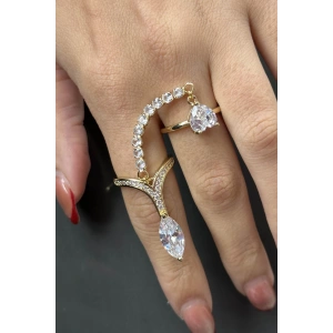 Altın Renk Taş Detaylı Ayarlanabilir İkili Çelik Yüzük