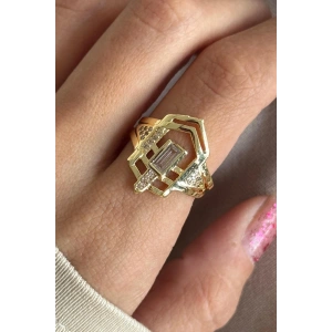 Altın Renk Taş Detaylı Ayarlanabilir Yüzük