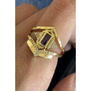 Altın Renk Taş Detaylı Ayarlanabilir Yüzük