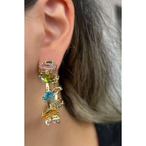 Altın Renk Taş Detaylı Çelik Halka Küpe (Çift)