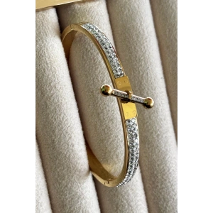 Altın Renk Taş Detaylı Çelik Kelepçe Bileklik