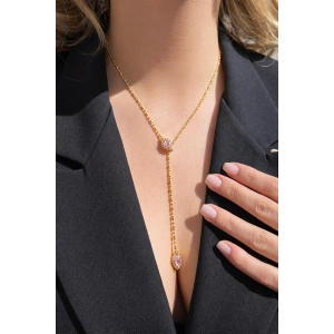 Altın Renk Taş Detaylı Çelik Kolye