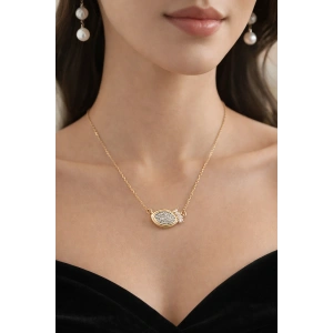 Altın Renk Taş Detaylı Çelik Kolye